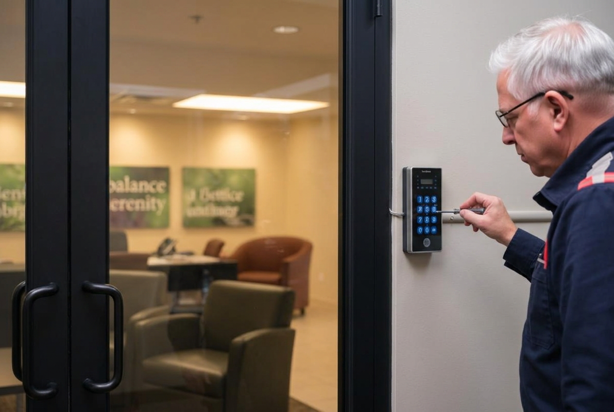 Electronic keypad access control on office door