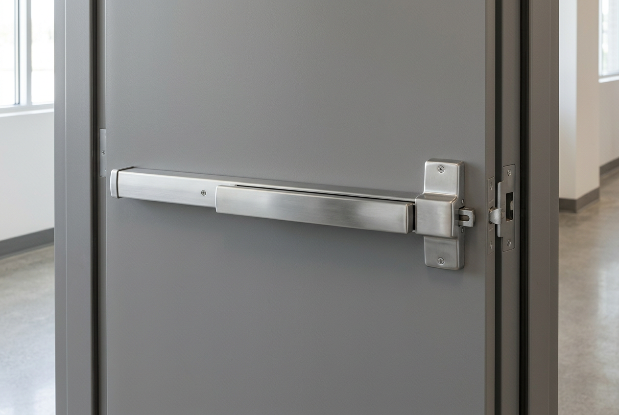 Panic bar exit device installed on steel door