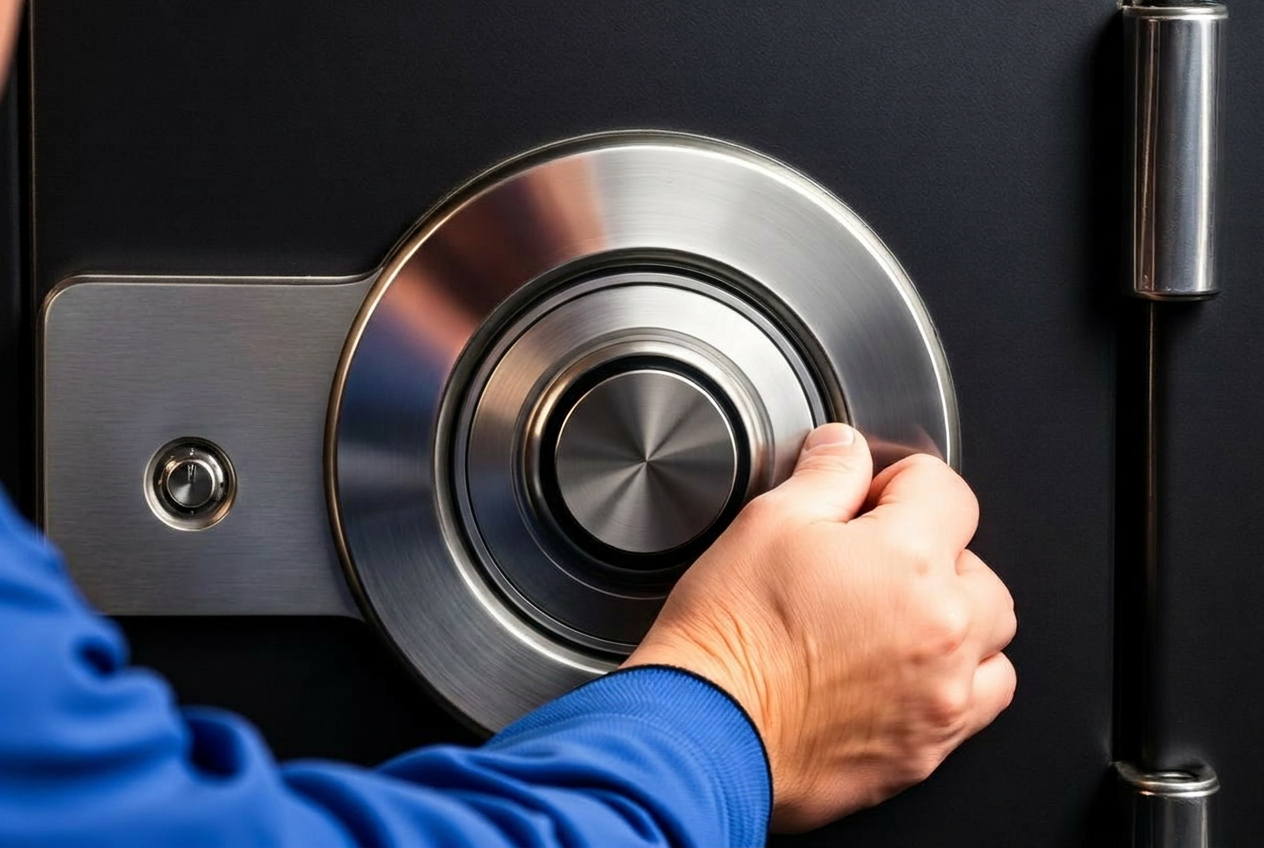 High-security commercial safe being serviced