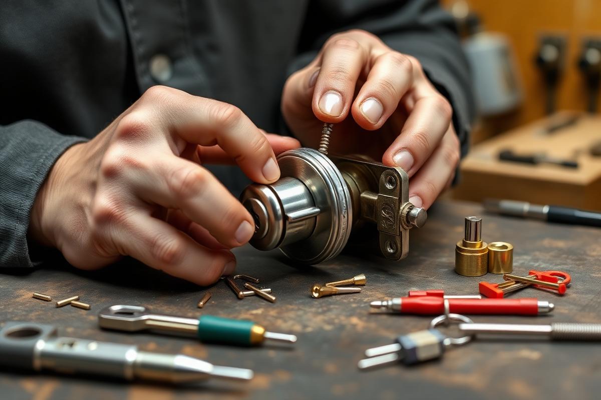 Locksmith rekeying a commercial mortise lock